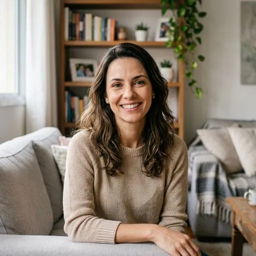 Foto de Camila Costa, autora do blog Minha Casa Querida, sorrindo em seu escritório com plantas ao fundo — especialista em casa e decoração.
