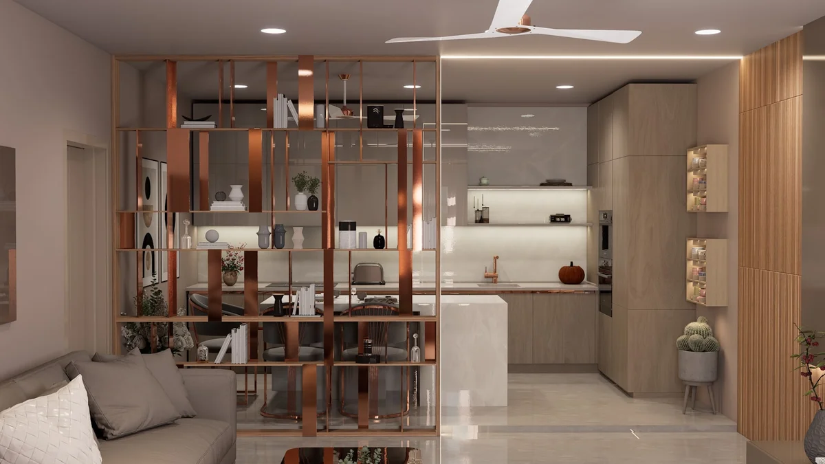 A modern living room with open kitchen and divider. Ilustração editorial secção 1 sobre como decorar uma sala no