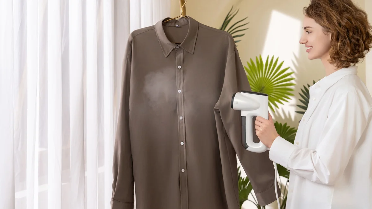 A woman using a hair dryer to dry a shirt Ilustração editorial secção 1 sobre melhor ferro de passar roupa no cabide no