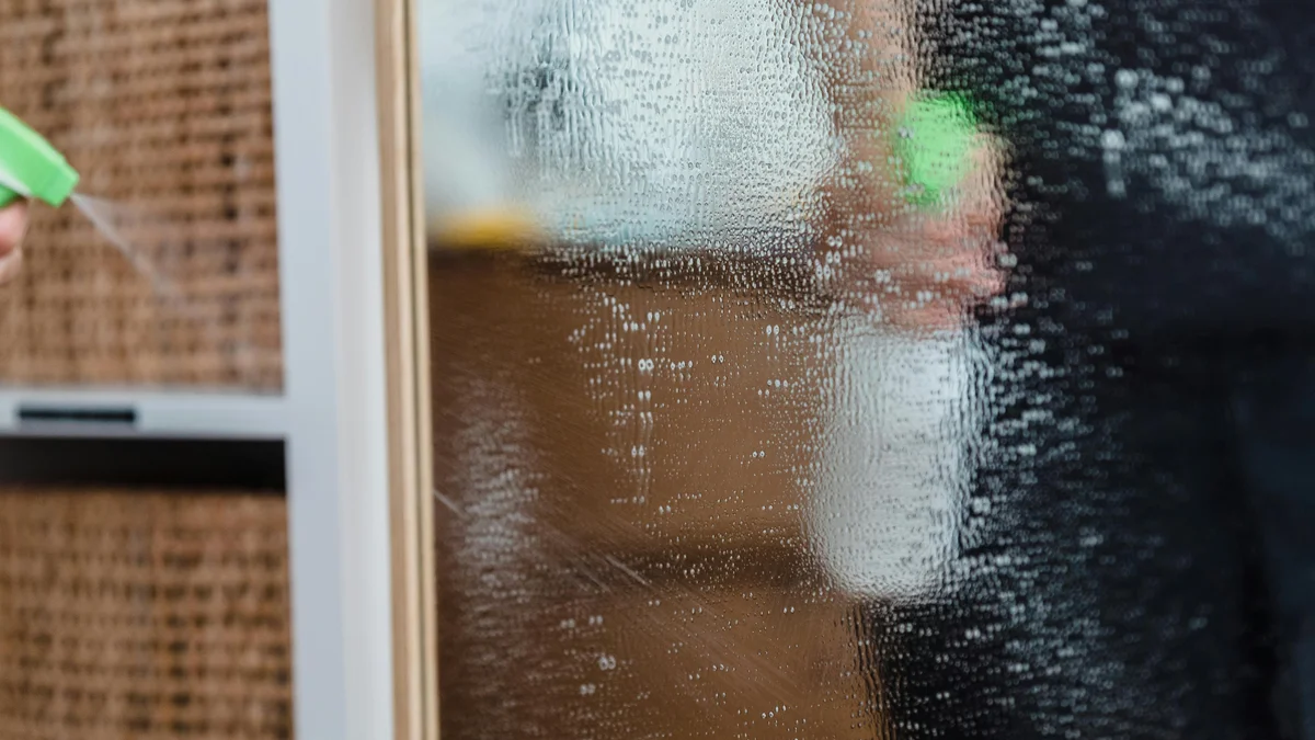 Detalhe de espelho sendo limpo com borrifador de água, ideal para demonstrar a eficácia do melhor tira manchas de roupas em superfícies.