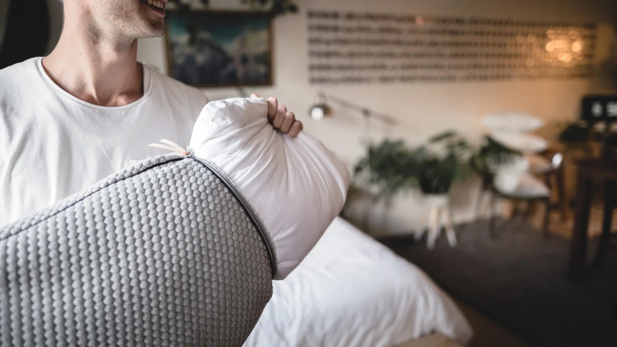 man pulls gray pillow case from white pillow Ilustração editorial secção 3 sobre travesseiro para gestante qual o