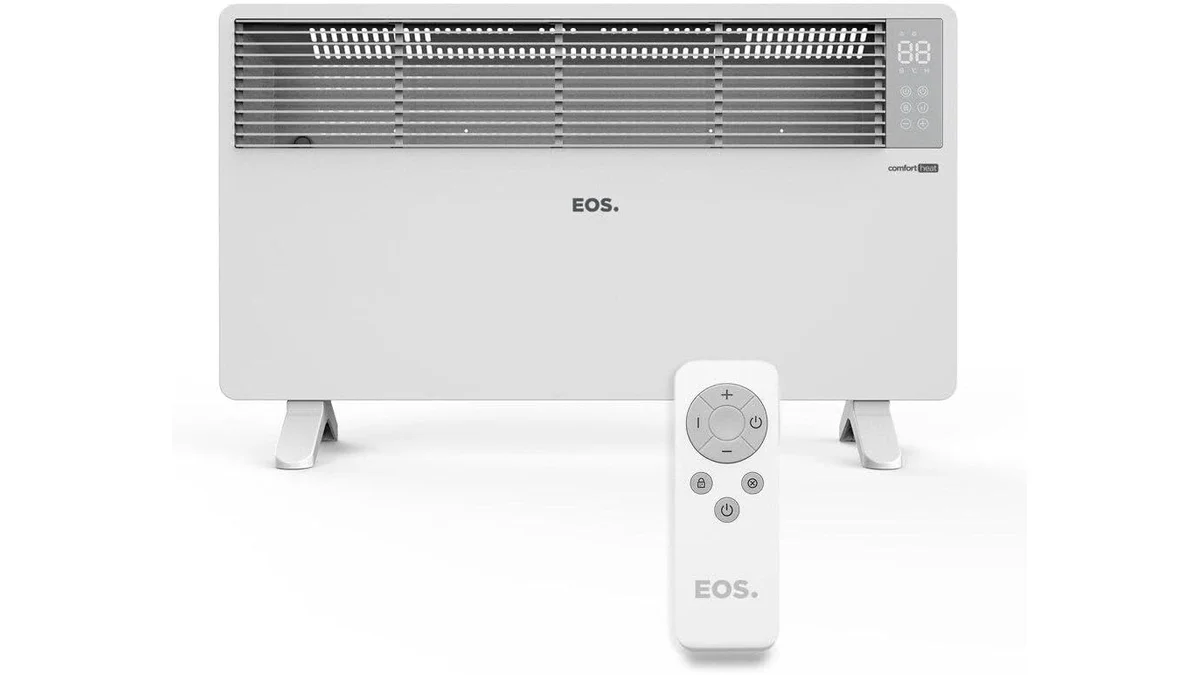 Fotografia do aquecedor EOS Comfort Heat com painel digital para piso, em 16:9 para comparação.