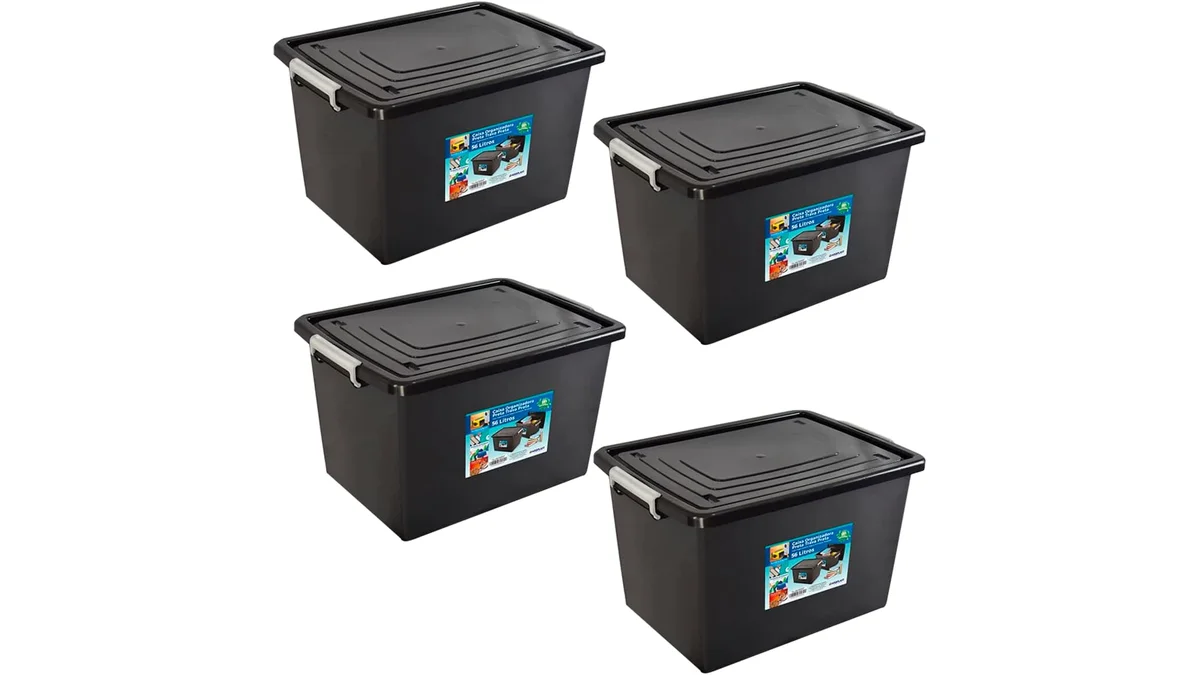 Fotografia do artigo Kit 4 Caixas Organizadoras 56 Litros C/Tampa e Trava Preta 25793PM Arqplast em formato paisagem para comparação