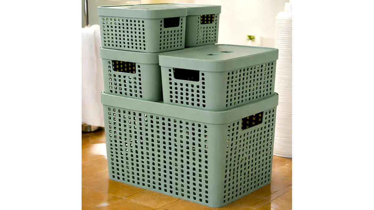 Fotografia do artigo Kit 5 Caixas Organizadoras com Tampa Plástico Resistente Multiuso Armário Cozinha Lavanderia (VERDE) em formato paisagem para comparação