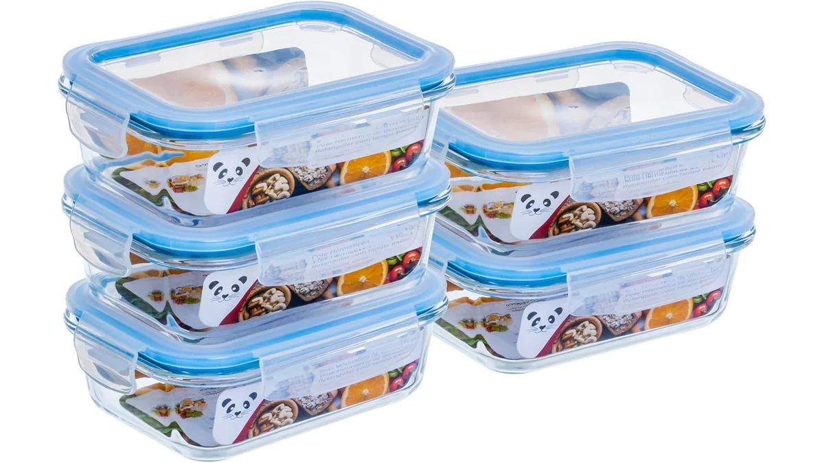 Fotografia do artigo Gato Panda KIT 5 Potes de Vidro Retangular com Tampa Hermética 640ml Branco ou Azul em formato paisagem para comparação