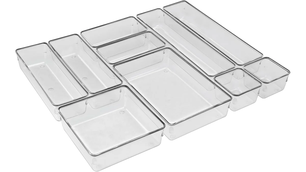 Fotografia do artigo Acrimet Organizador Modular para Gavetas, Bancadas e Armários, Plástico Transparente, Kit com 10 Potes Tamanhos Sortidos, 979.0 em formato paisagem para comparação