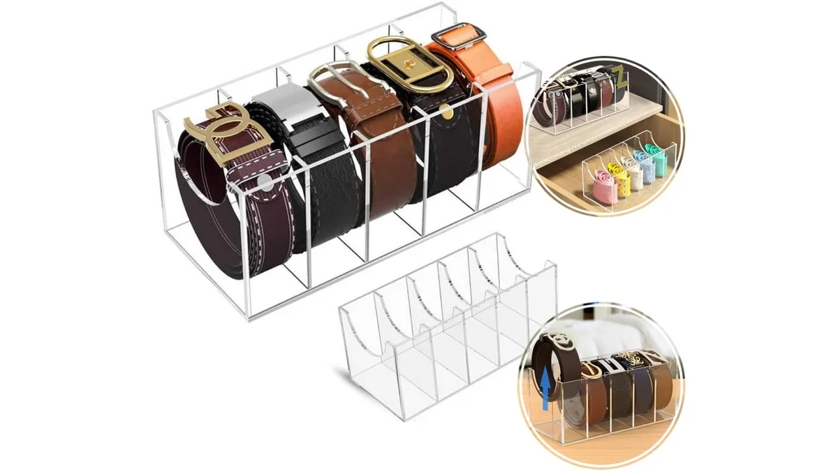 Fotografia do artigo Organizador de Cintos em Acrílico Transparente, 5 Compartimentos, Expositor para Closet em formato paisagem para comparação