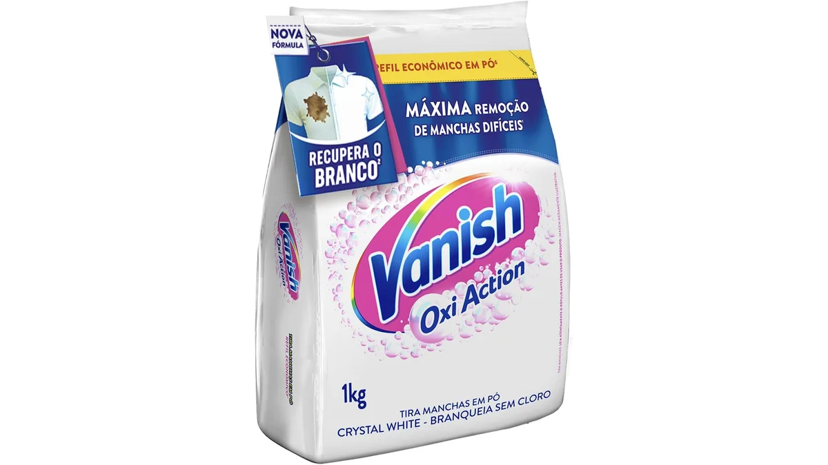 Fotografia do artigo Tira Manchas Vanish em Pó Crystal White Oxi Action para roupas brancas Refil Econômico 1kg em formato paisagem 16 por 9 para comparação
