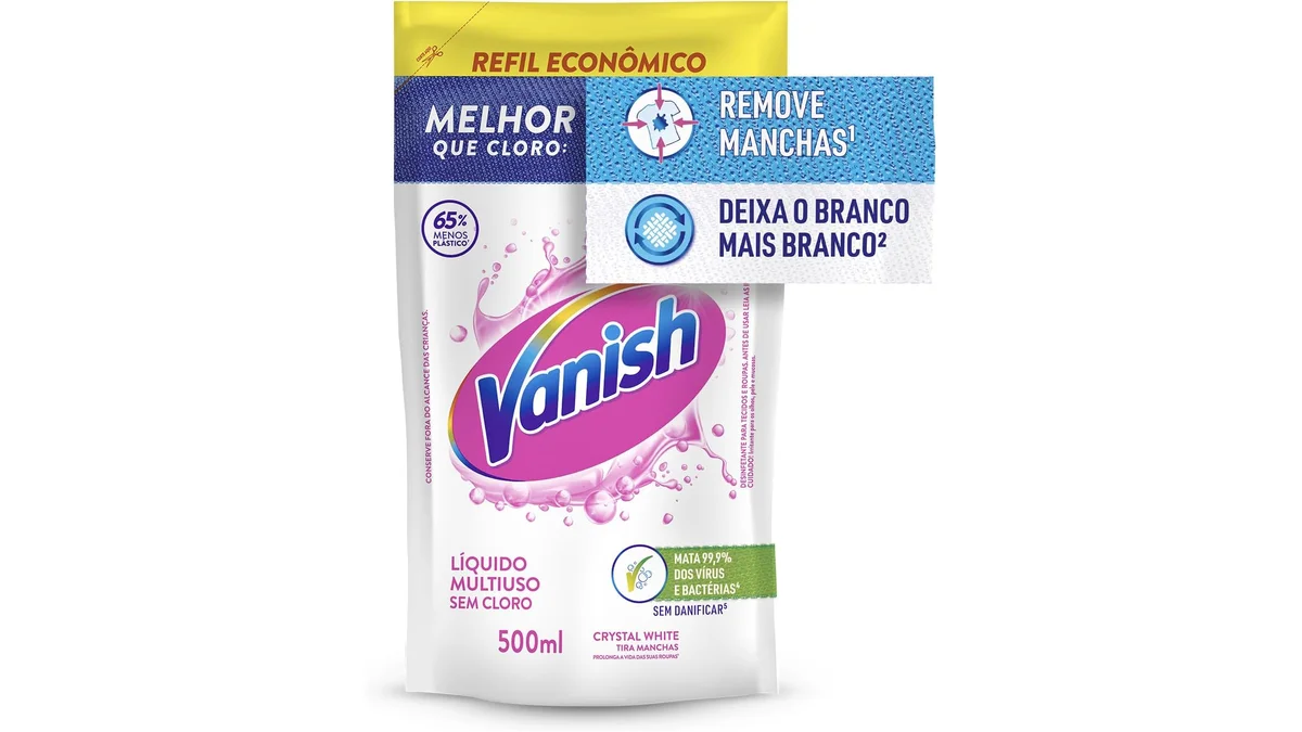 Fotografia do artigo Tira Manchas Vanish Líquido Crystal White para roupas brancas Refil Econômico 500ml em formato paisagem 16 por 9 para comparação