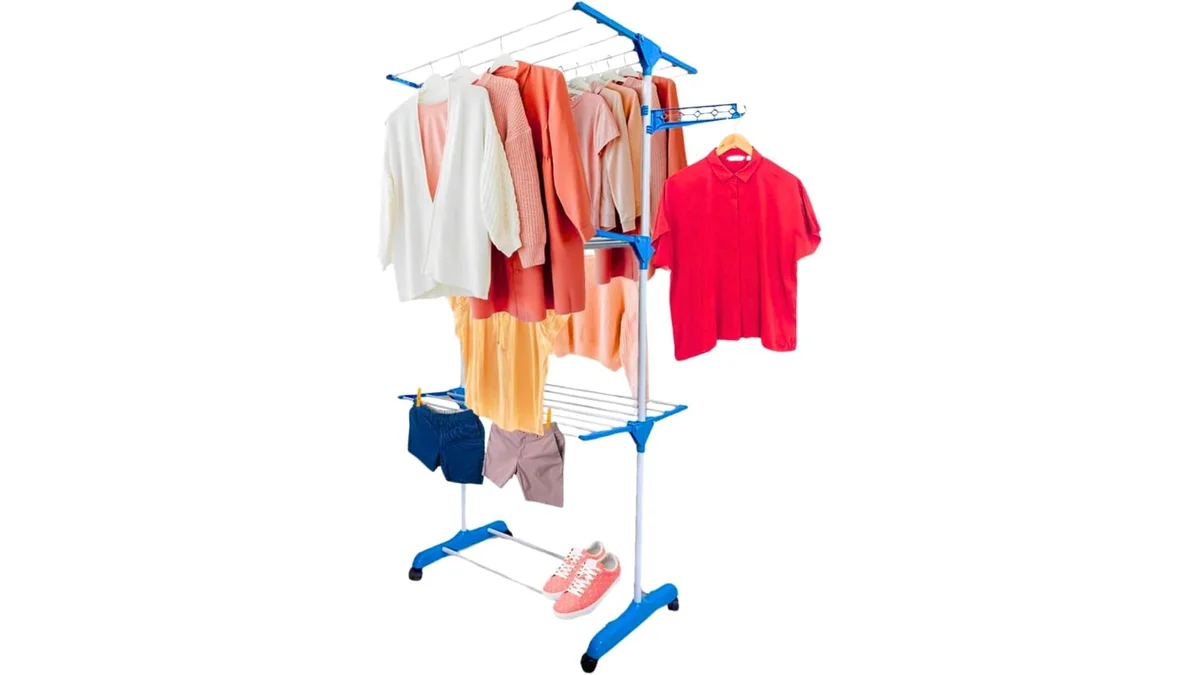 Fotografia do artigo Varal de Chão Dobrável com Rodinhas, 3 Andares Reforçados e Retráteis, em 16:9 para comparação