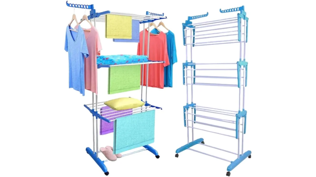 Fotografia do varal de chão vertical em aço inox, três andares, em 16:9 para comparação.