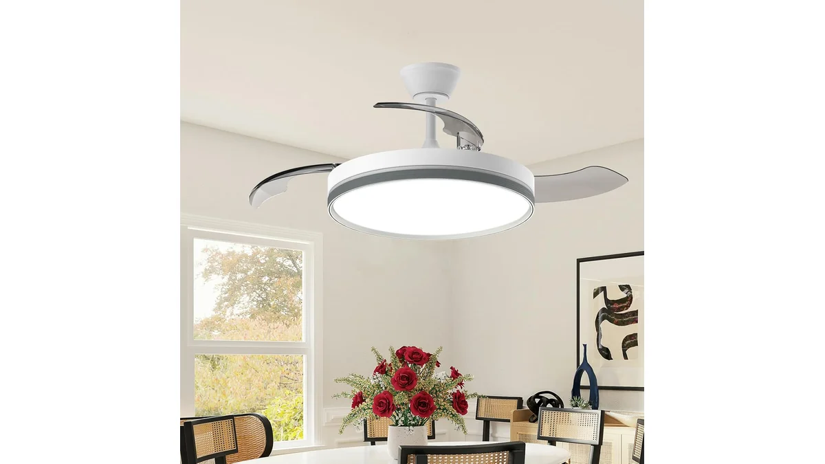 Fotografia do artigo Ventilador de Teto Retrátil com Luz LED 106cm (42") - Controle Remoto, 6 Velocidades, 3 Cores de Luz, Bivolt 110V/220V e Temporizador em formato paisagem 16 por 9 para comparação