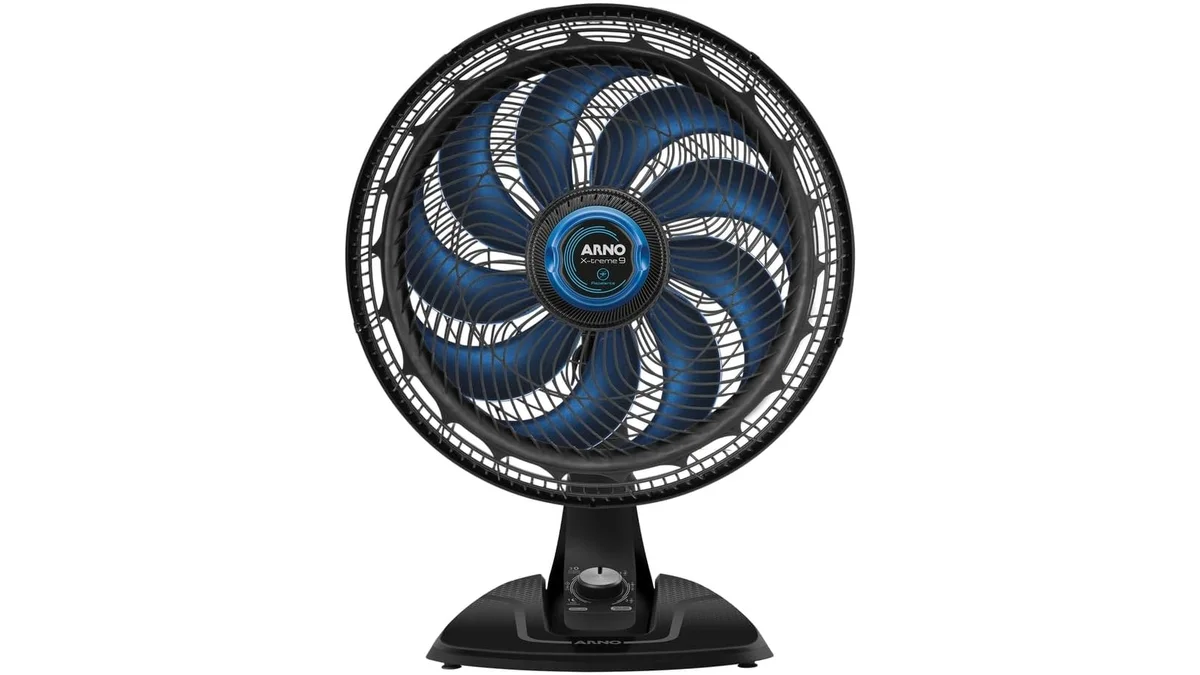 Fotografia do artigo Ventilador de Mesa Arno X-TREME 9 40cm com Repelente VE95, 160W, 9 Pás, 3 Velocidades, Função Repelente, Oscilação 80º, Modo Sono Tranquilo, 110V em formato paisagem 16 por 9 para comparação