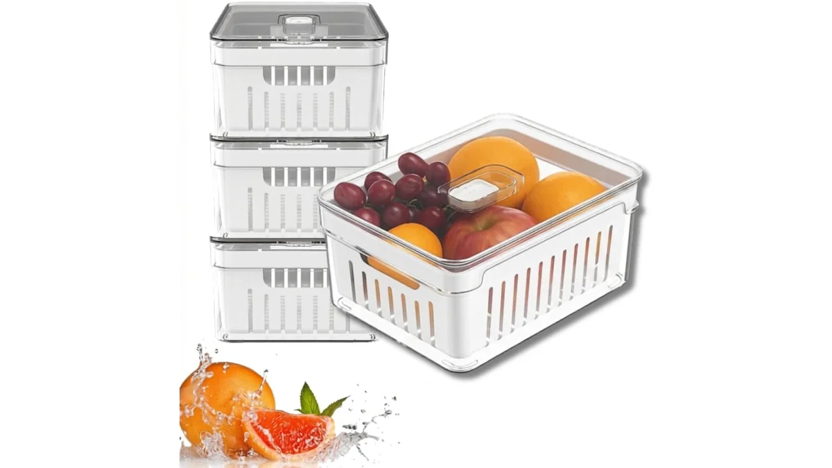 Fotografia do artigo Kit 4 Organizadores de Geladeira Empilháveis com Tampa - Organização Prática e Bonita para Frutas, Verduras e Alimentos em formato paisagem para comparação