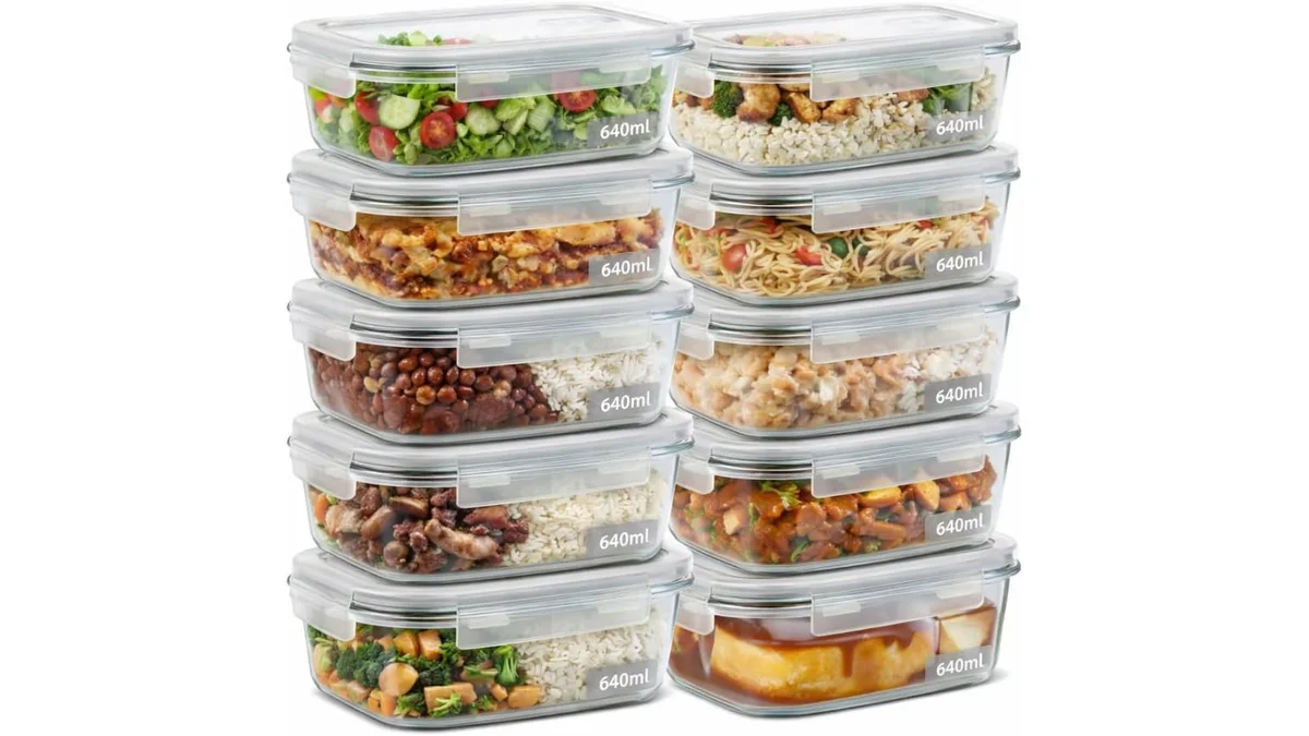 Fotografia do artigo Kit 10 Potes de Vidro Herméticos 640ml com 4 Travas Ideal para Marmitas e Conservação de Alimentos, Vedação Total, Refratário para Forno e Freezer em formato paisagem para comparação