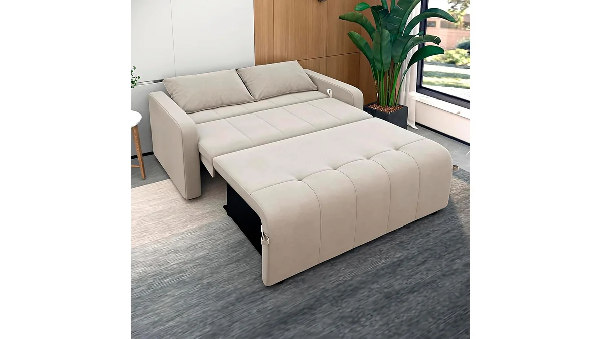 Fotografia do sofa Sofá Cama Casal 3 Lugares Veloplus Bege Premium Com Almofadas Reclináv em formato paisagem 16 por 9 para comparação.