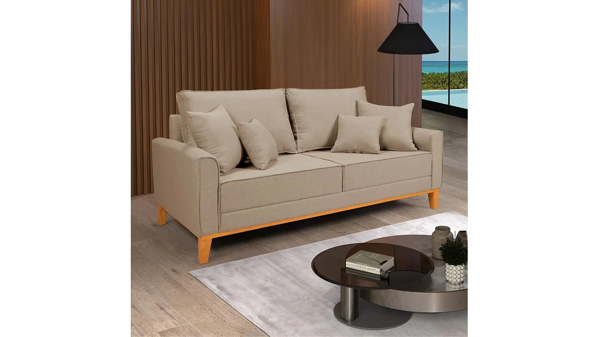 Fotografia do sofa Sofá Living Beny 3 Lugares Linho Bege Fixo Sala Base Madeira em formato paisagem 16 por 9 para comparação.