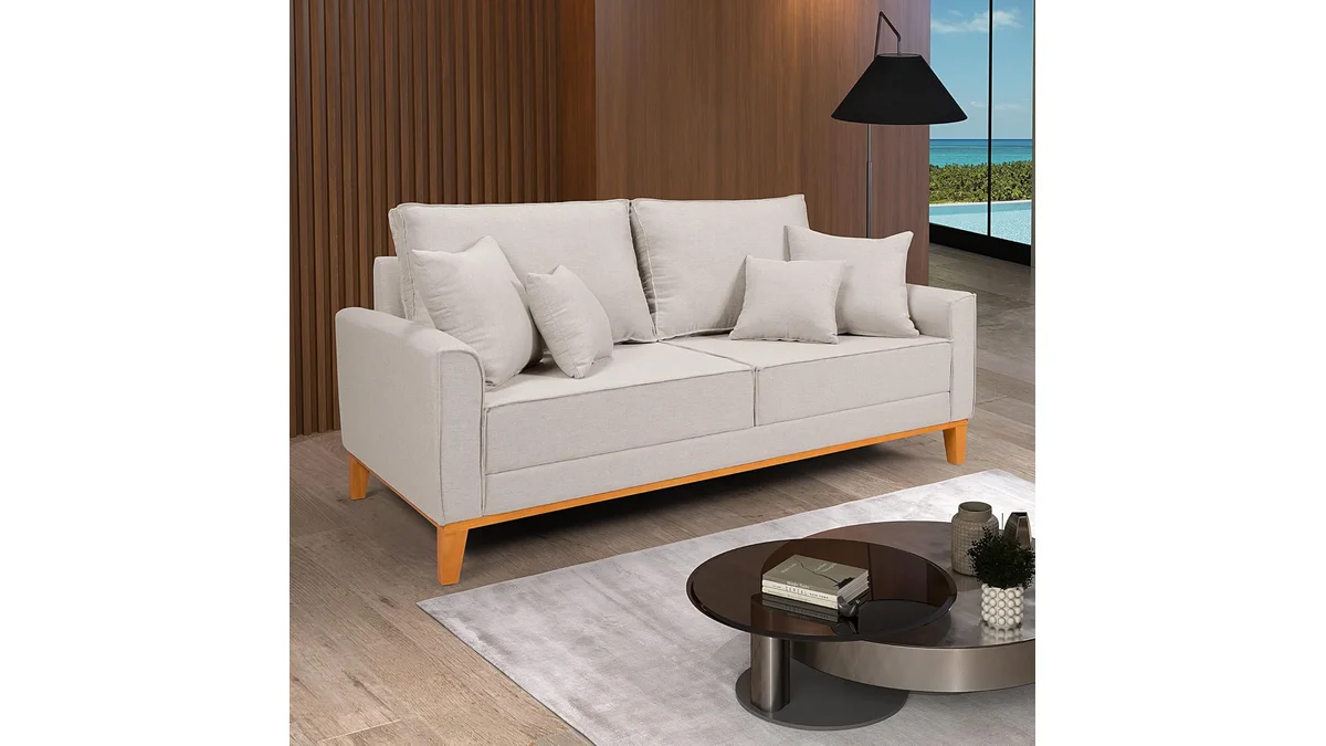 Fotografia do sofa Sofá Living Beny 3 Lugares Linho Cru Fixo Sala Base Madeira em formato paisagem 16 por 9 para comparação.
