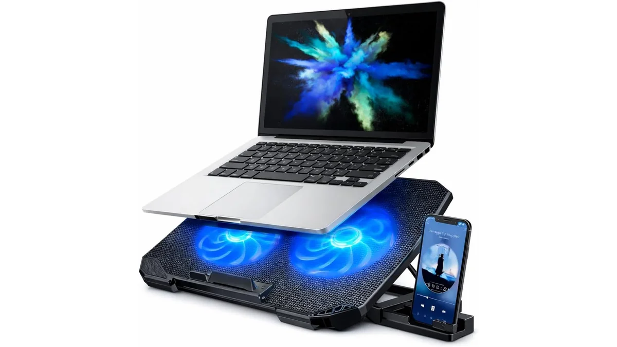 Fotografia do suporte ergonômico com LED azul e oito níveis de altura, em 16:9 para comparação.