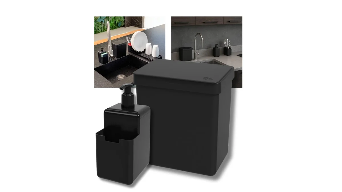 Fotografia do artigo Lixeira De Pia 2,5 L Com Tampa + Porta Detergente 500ml Com Suporte em 16:9 para comparação